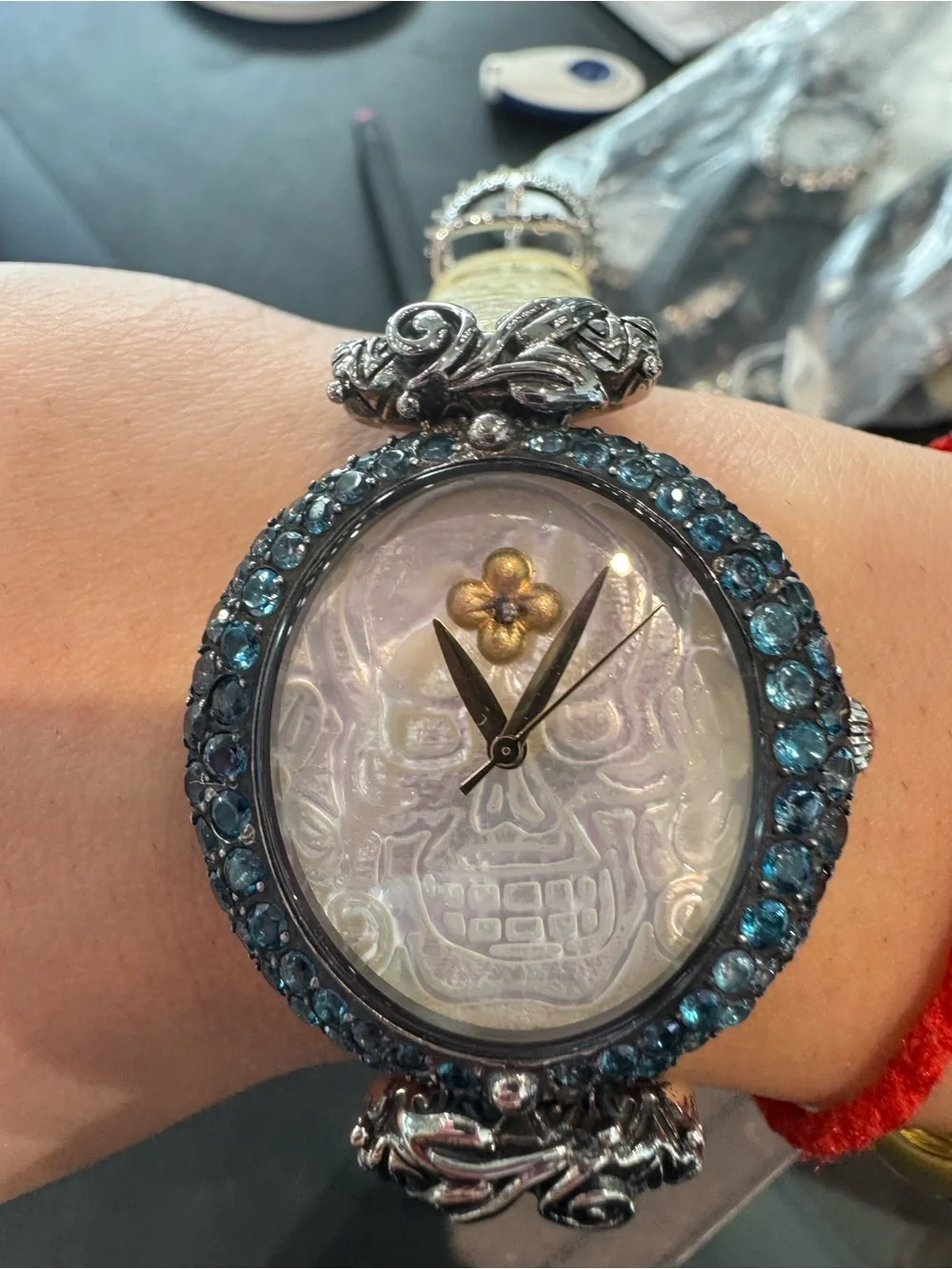 Barbara Bixby Stainless Steel Carved MOP tone Gemstone Skull Watch